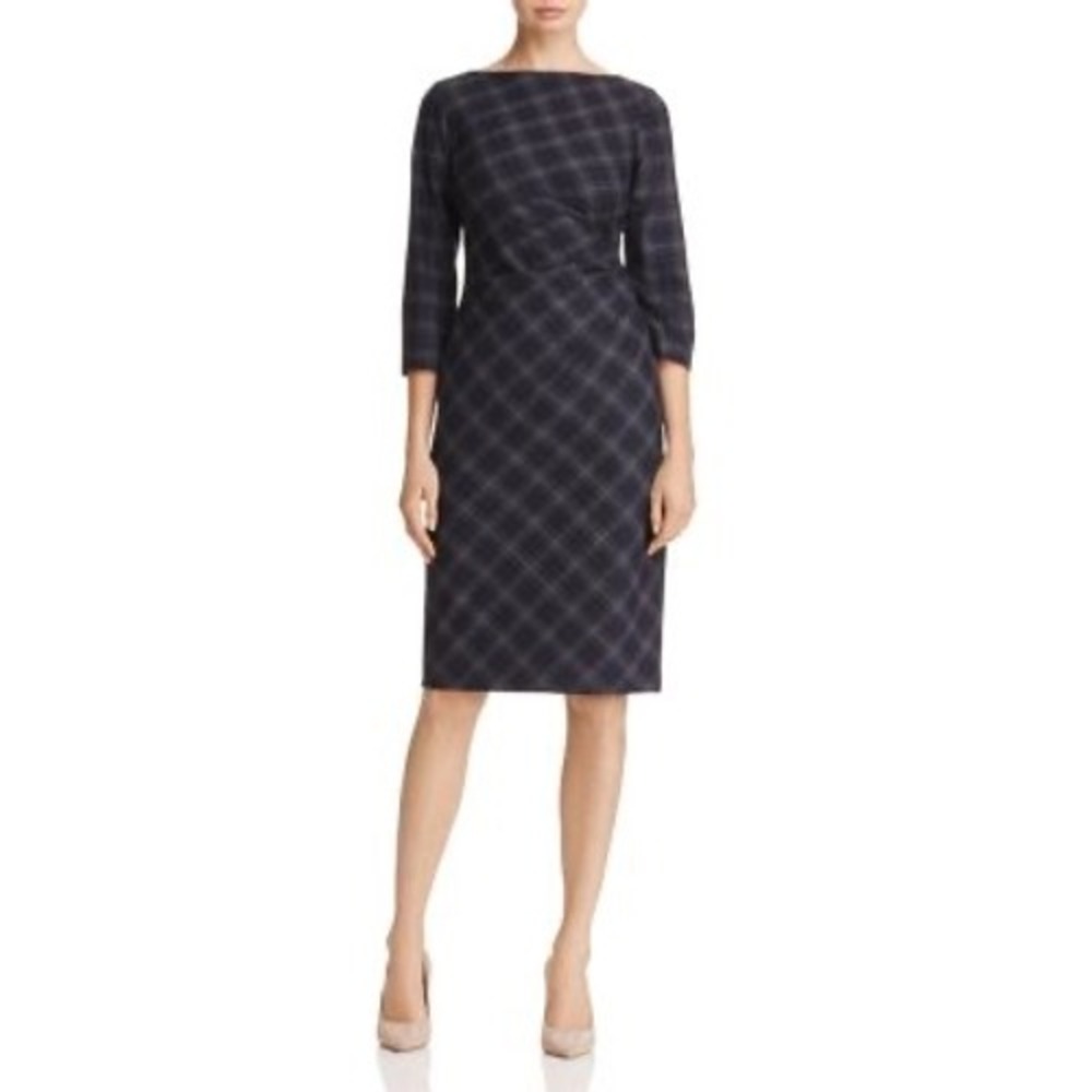 Weekend Max Mara Loretta Plaid Wool Dress Small Ruched Sheath Boat Neck